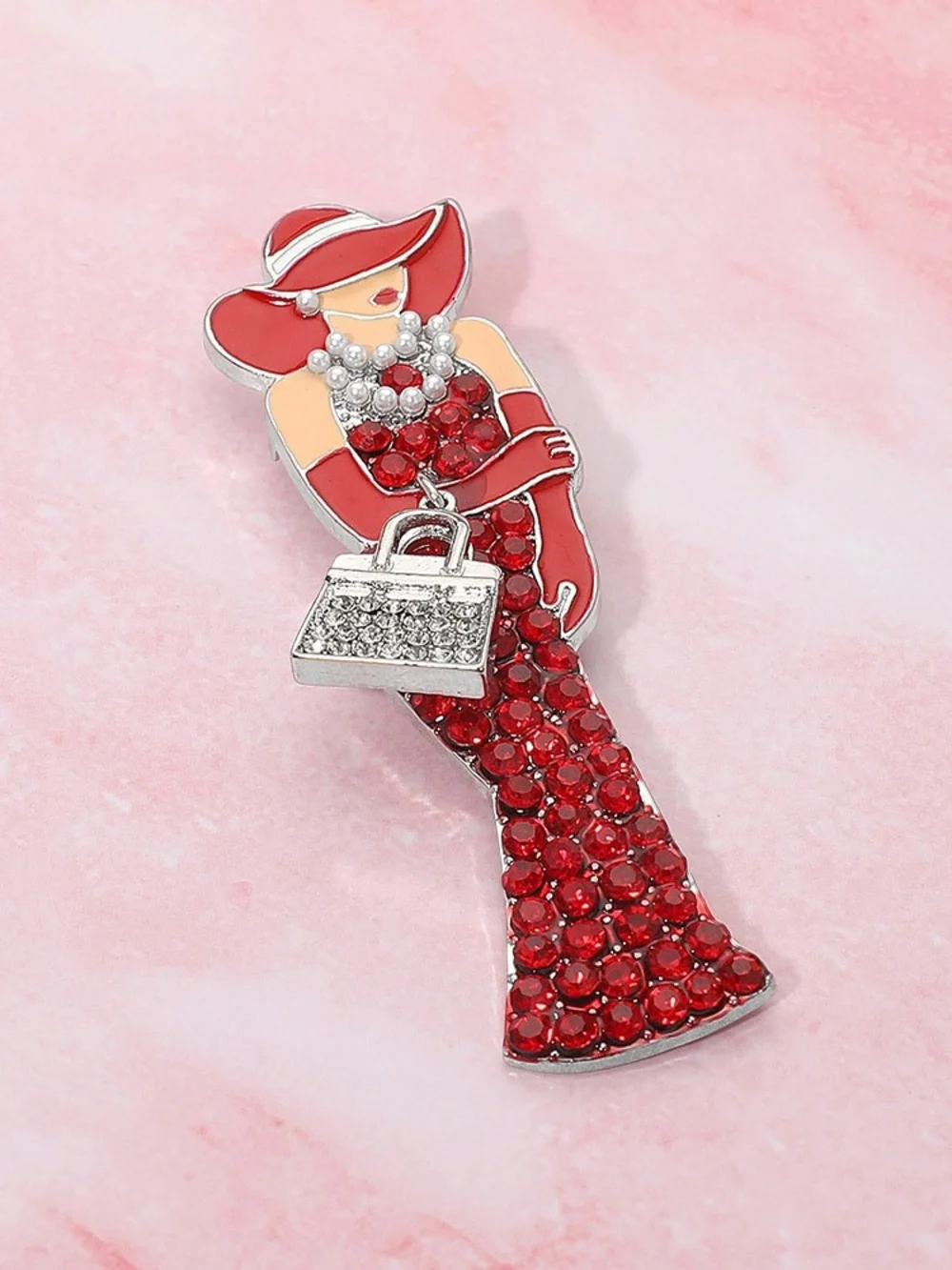 Chic Red Silver Rhinestone Pearls Lady Brooch Pin Elegant Glam Hat Handbag